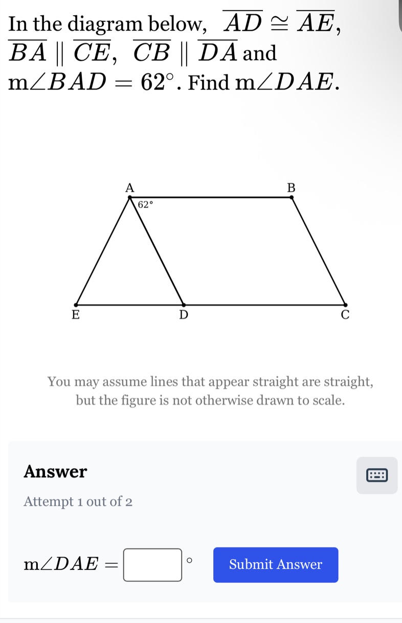 in the diagram below, \\(\\overline{ad} \\cong \\overline{ae}\\), \\(\\…