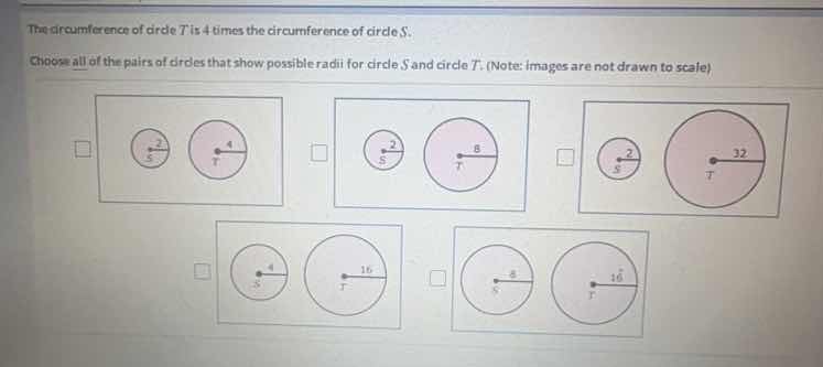 the circumference of circle t is 4 times the circumference of circle s.…