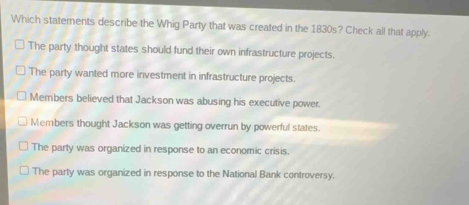 which statements describe the whig party that was created in the 1830s?…