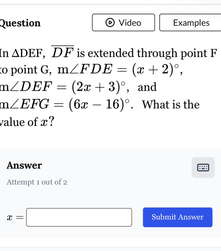 question in $\triangle def$, $overline{df}$ is extended through point f…
