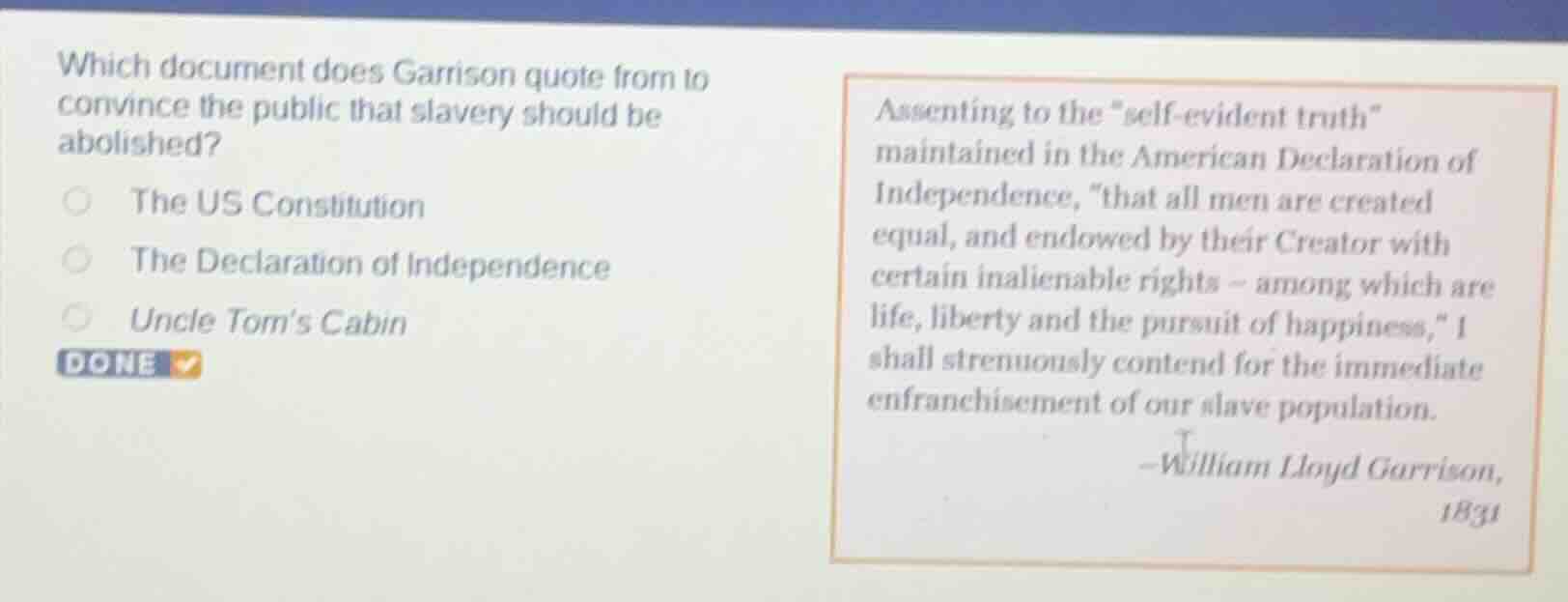 which document does garrison quote from to convince the public that sla…