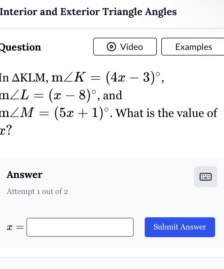 interior and exterior triangle angles question in $\\delta klm$, $m\\an…
