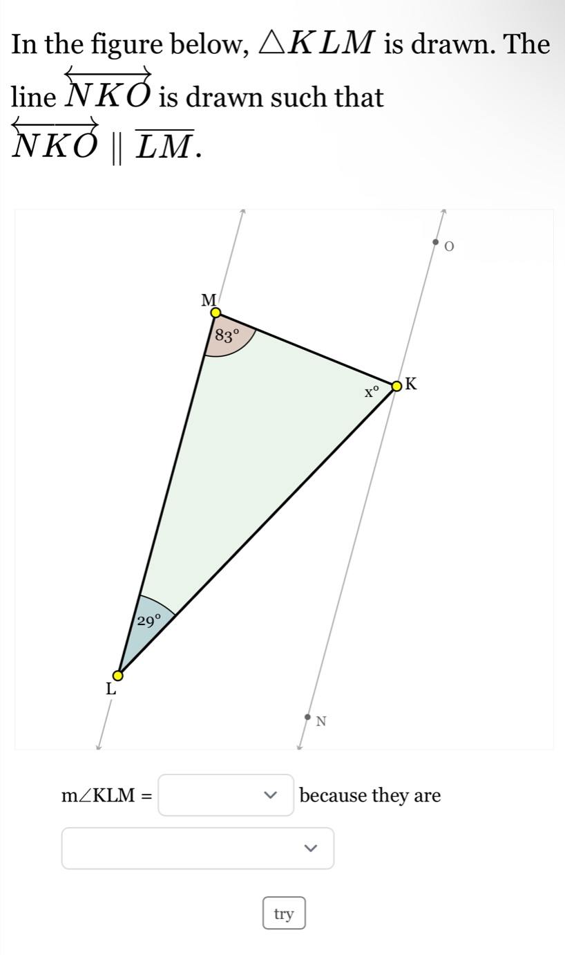in the figure below, $\\triangle klm$ is drawn. the line $\\overleftrig…
