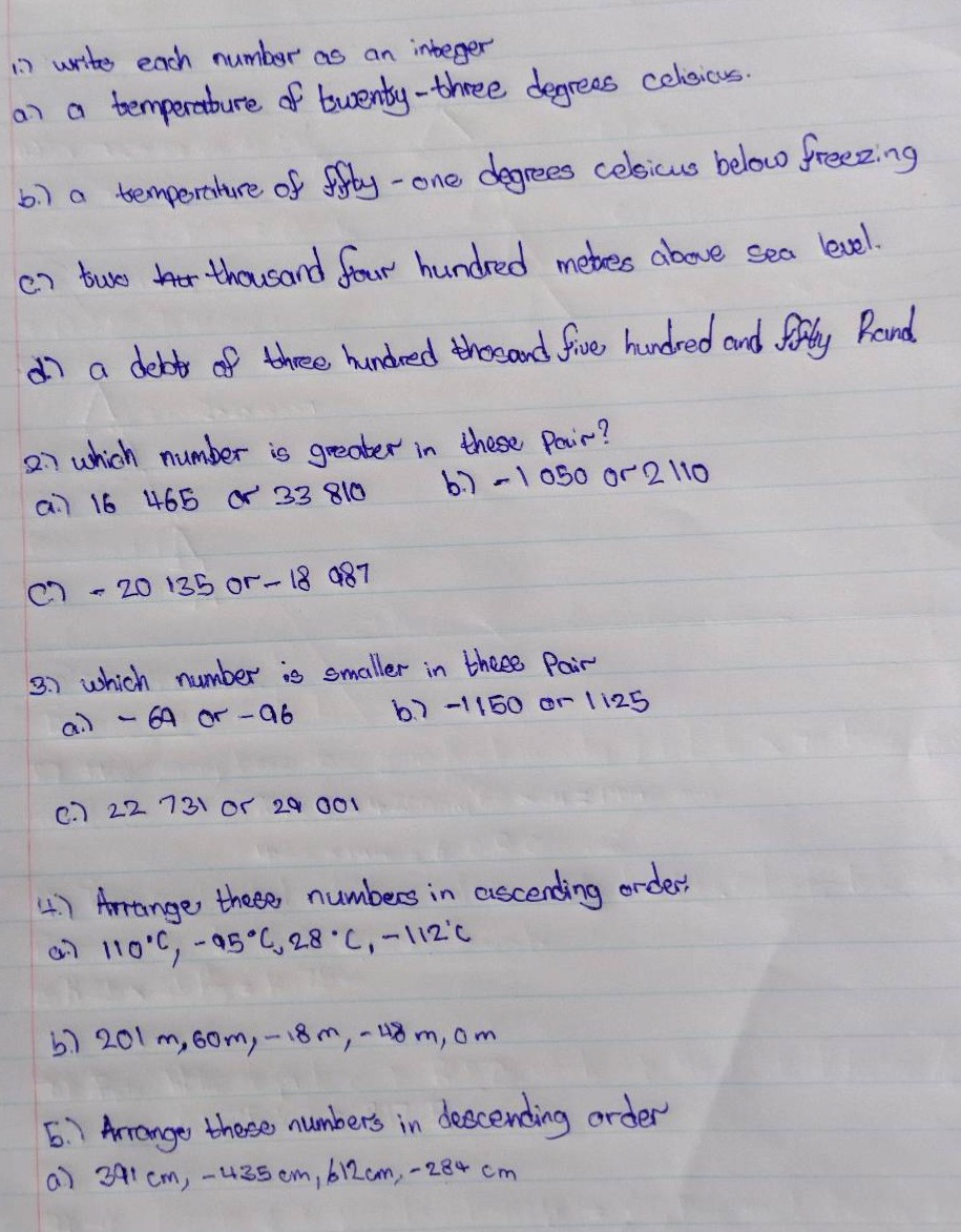 1) write each number as an integer a) a temperature of twenty - three d…