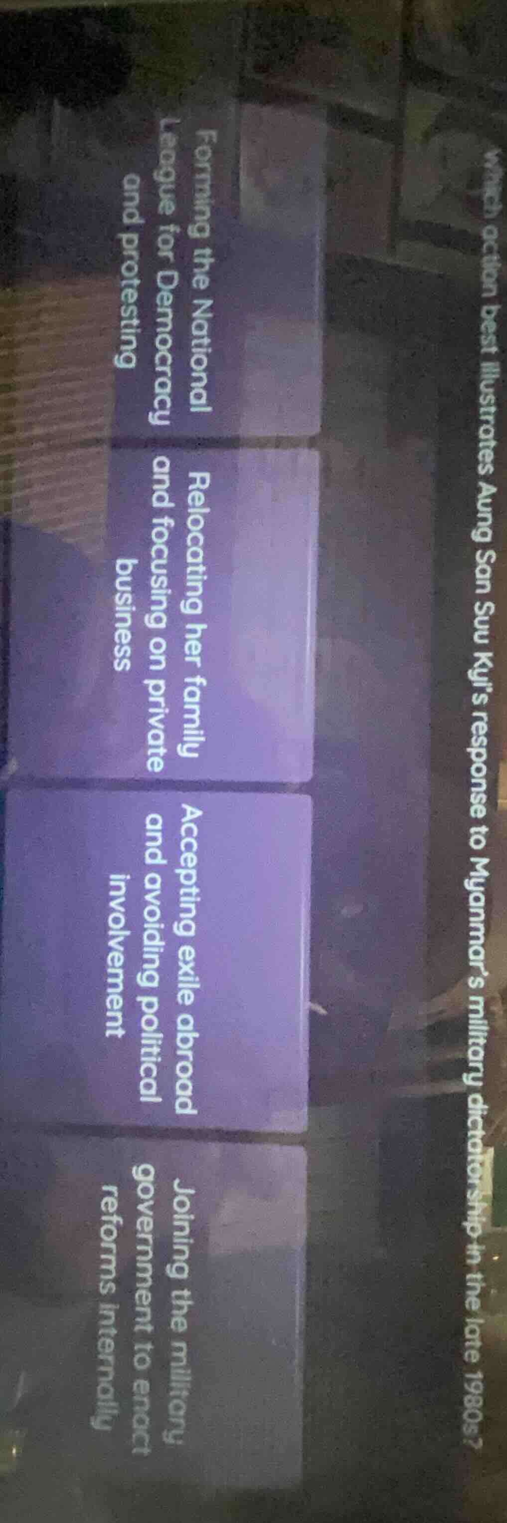 which action best illustrates aung san suu kyi’s response to myanmar’s …