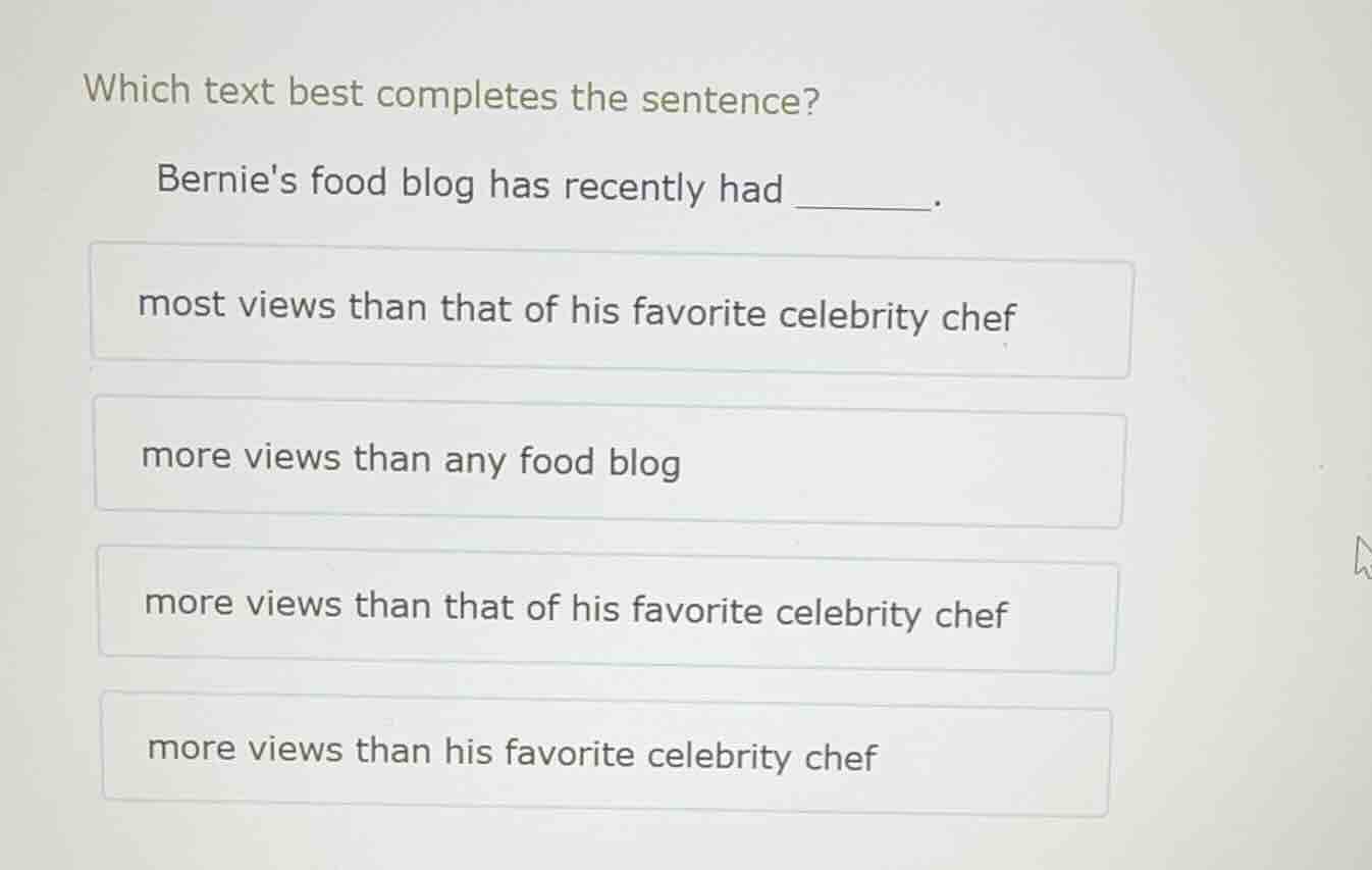 which text best completes the sentence? bernies food blog has recently …