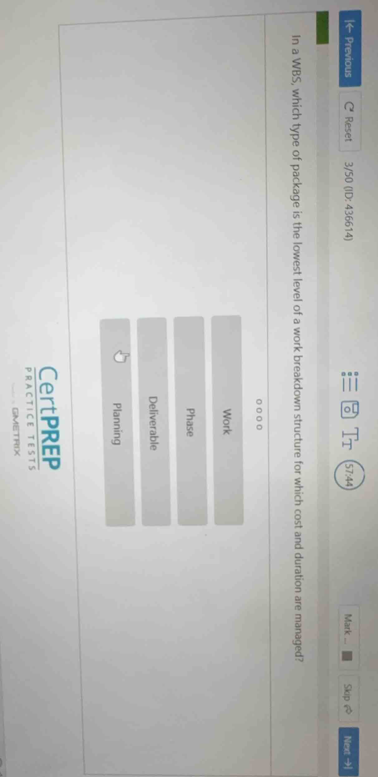 in a wbs, which type of package is the lowest level of a work breakdown…