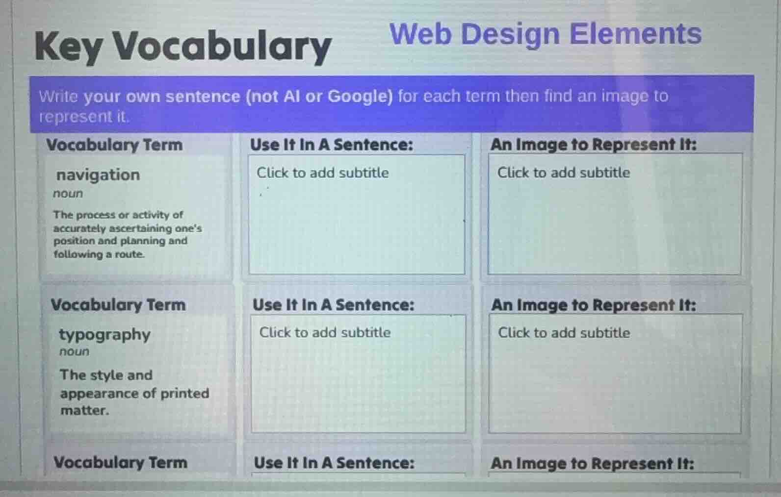 key vocabulary web design elements write your own sentence (not ai or g…