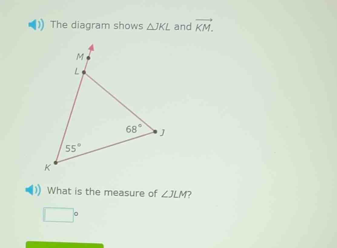 the diagram shows $\\triangle jkl$ and $\\overrightarrow{km}$. what is …