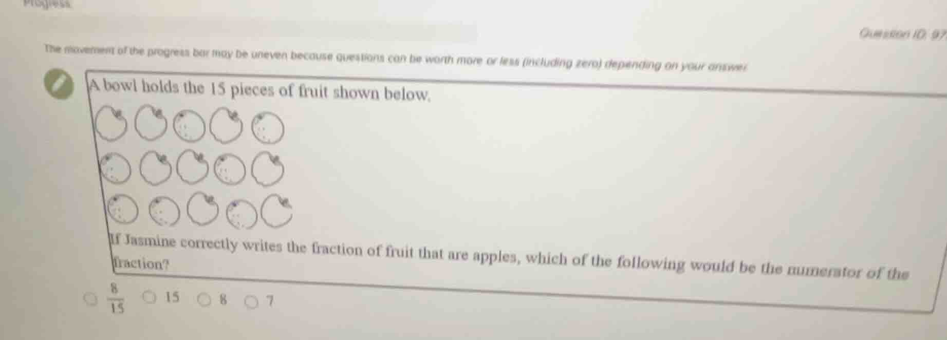 a bowl holds the 15 pieces of fruit shown below. if jasmine correctly w…