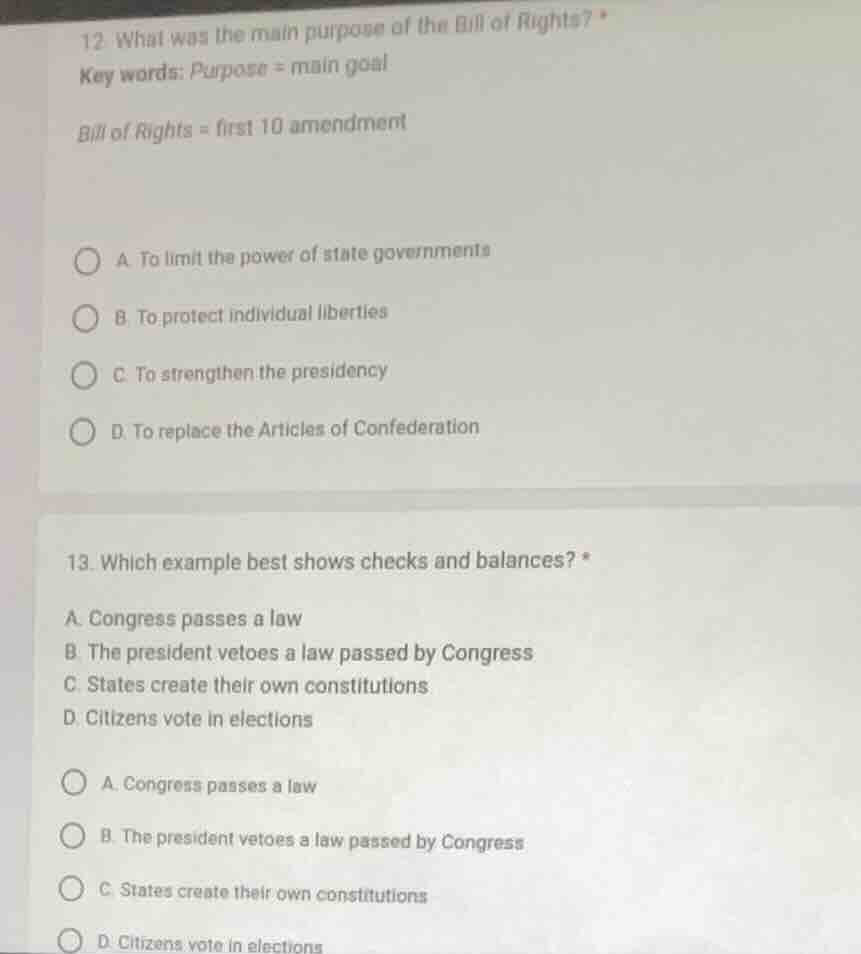 12 what was the main purpose of the bill of rights? key words: purpose …