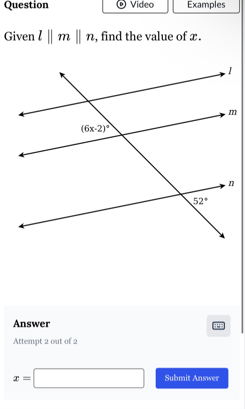 question given ( l parallel m parallel n ), find the value of ( x ). (t…
