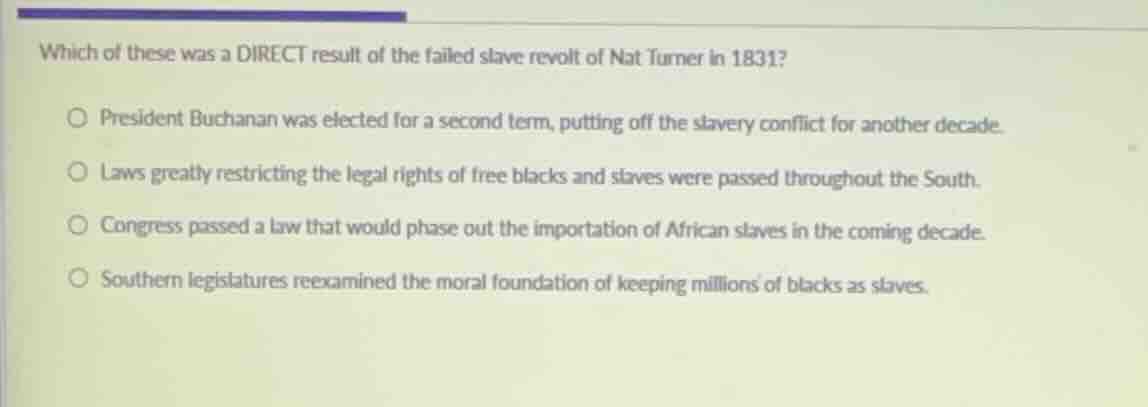 which of these was a direct result of the failed slave revolt of nat tu…