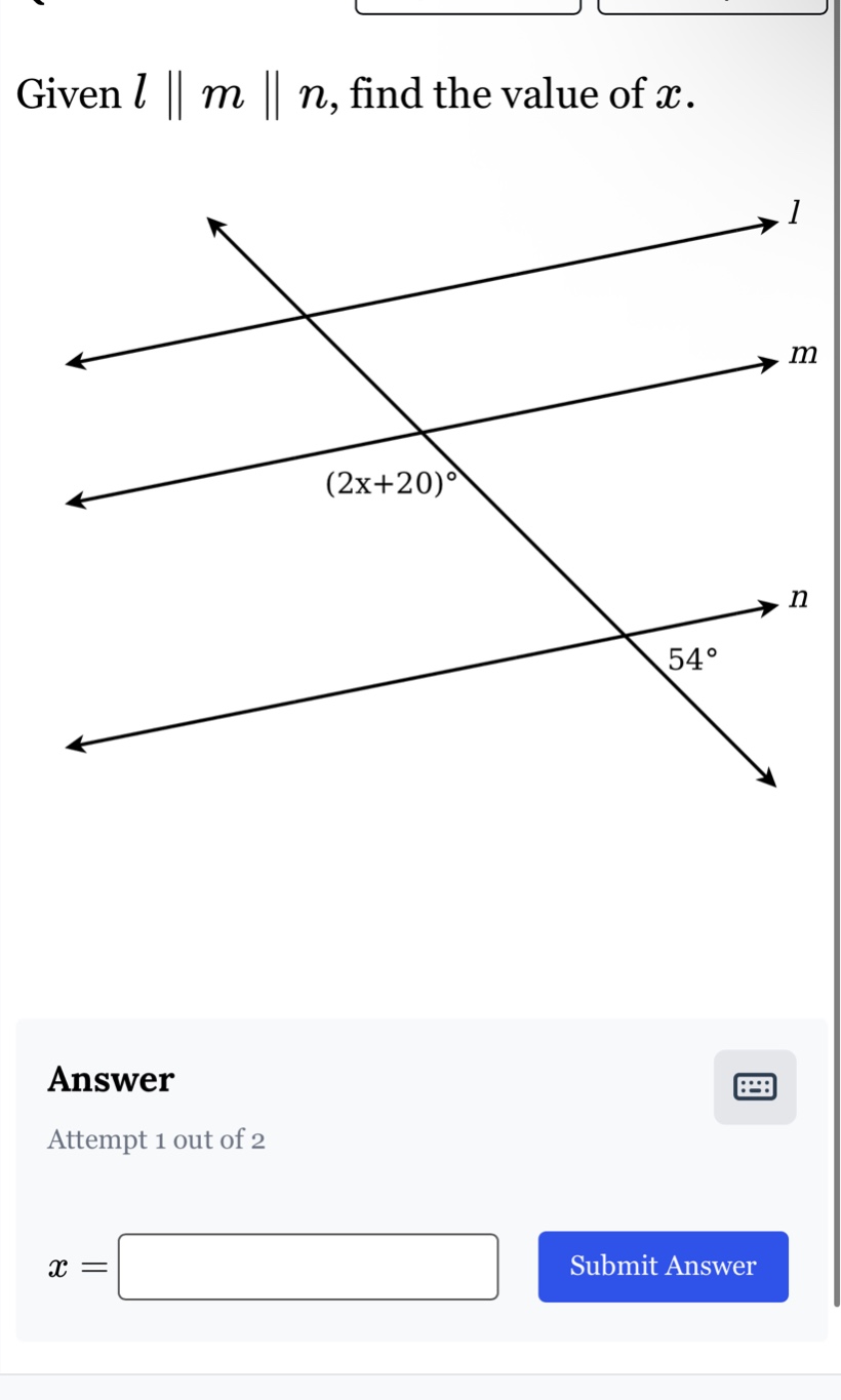 given ( l parallel m parallel n ), find the value of ( x ).