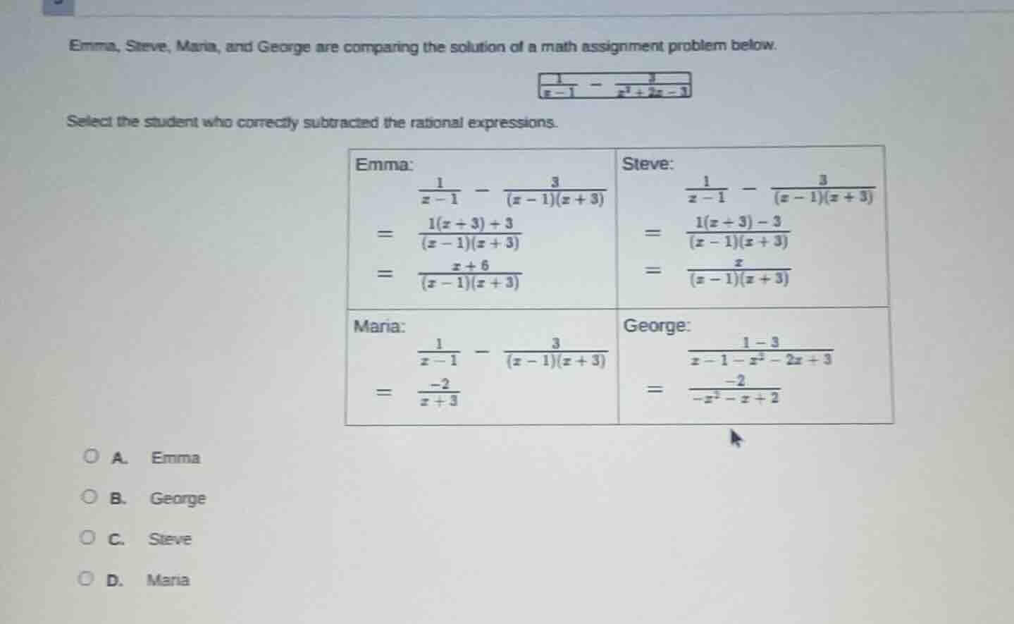 emma, steve, maria, and george are comparing the solution of a math ass…
