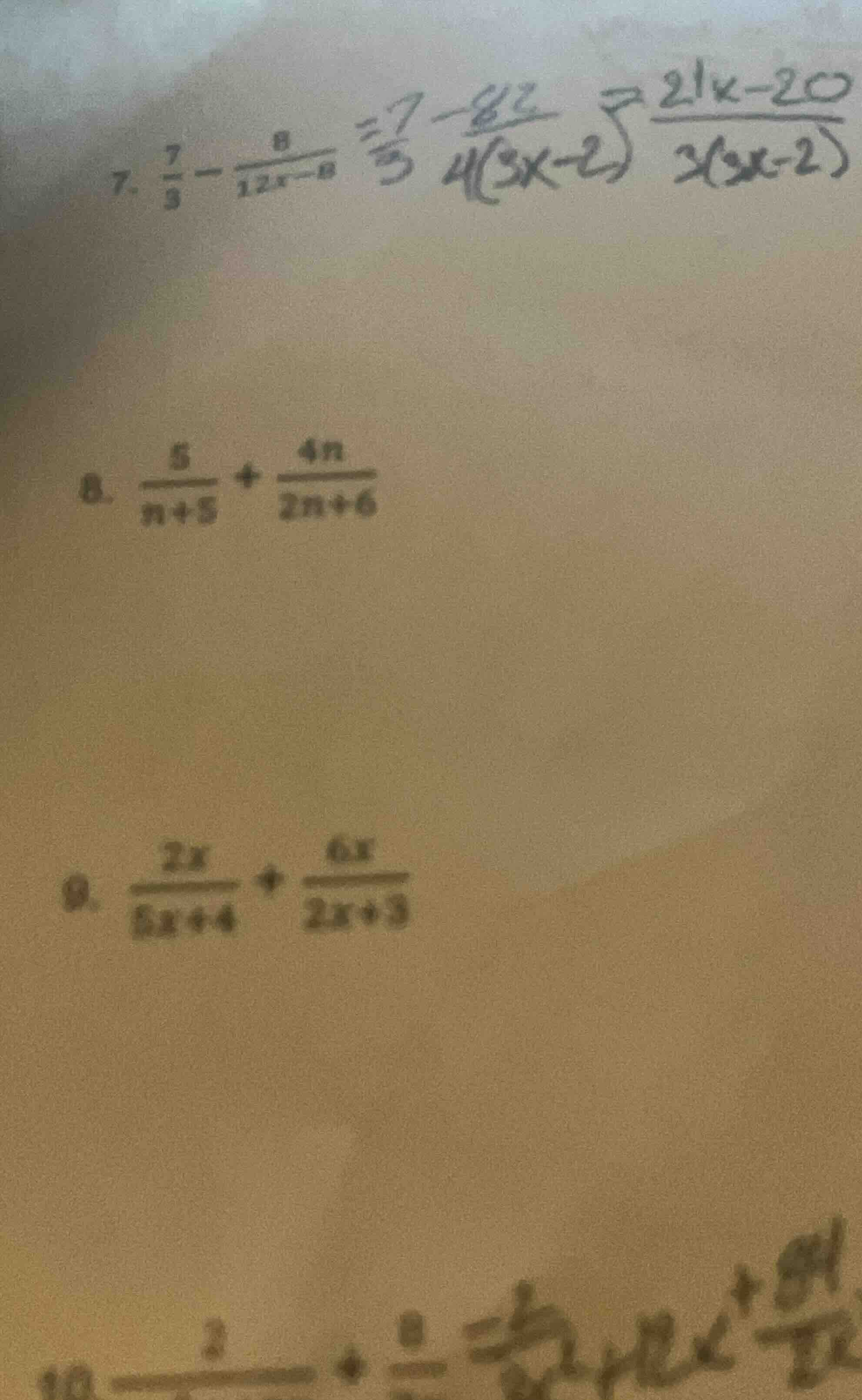 7. \\(\\frac{7}{3} - \\frac{8}{12x - 8}\\)\ 8. \\(\\frac{5}{n + 5} + \\…