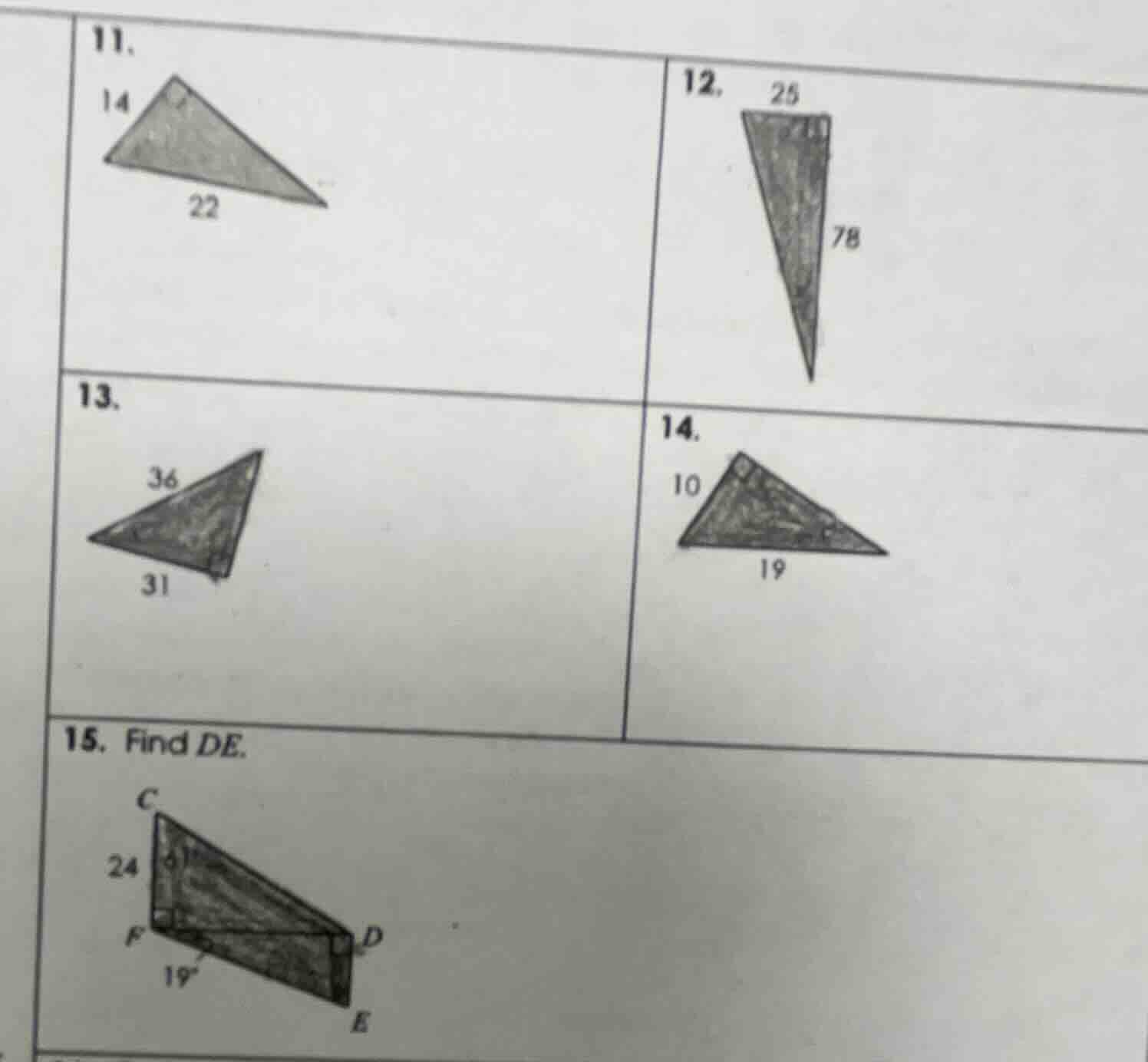 11. 14 22 12. 25 78 13. 36 31 14. 10 19 15. find de. c 24 f 19 d e
