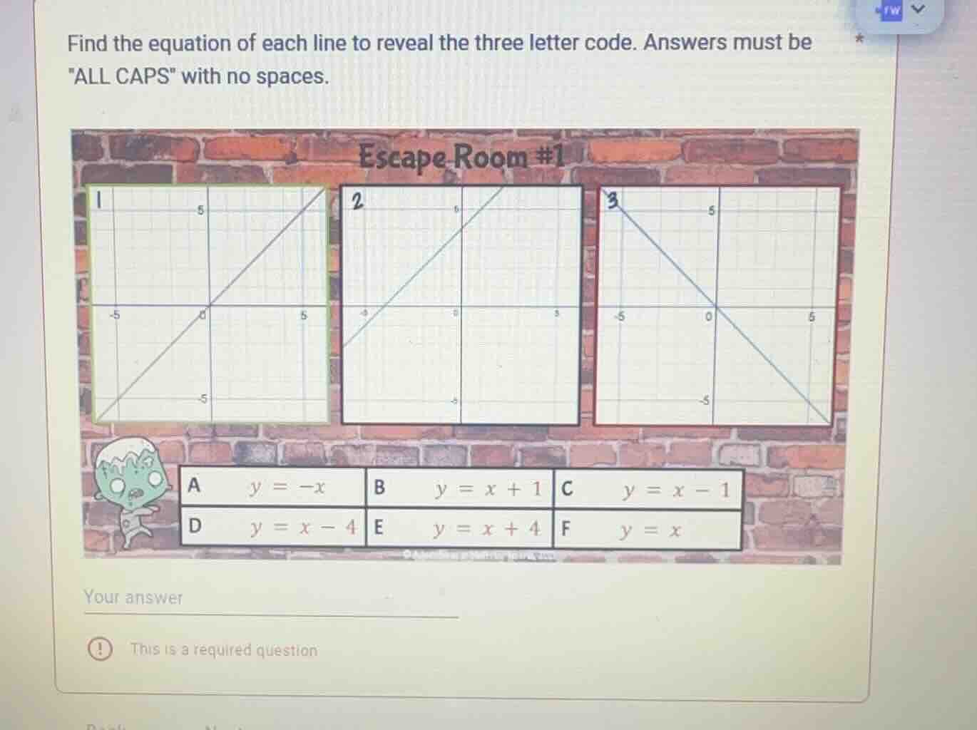 find the equation of each line to reveal the three letter code. answers…