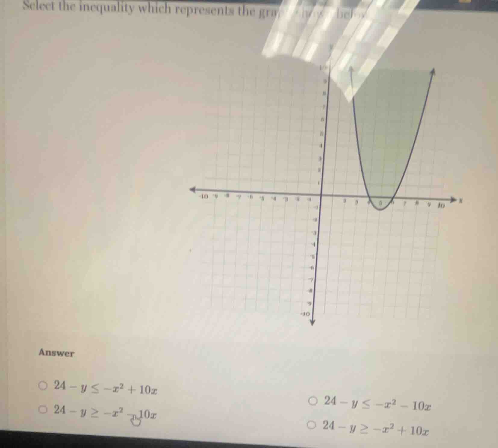 select the inequality which represents the graph below answer $\\circ\\…