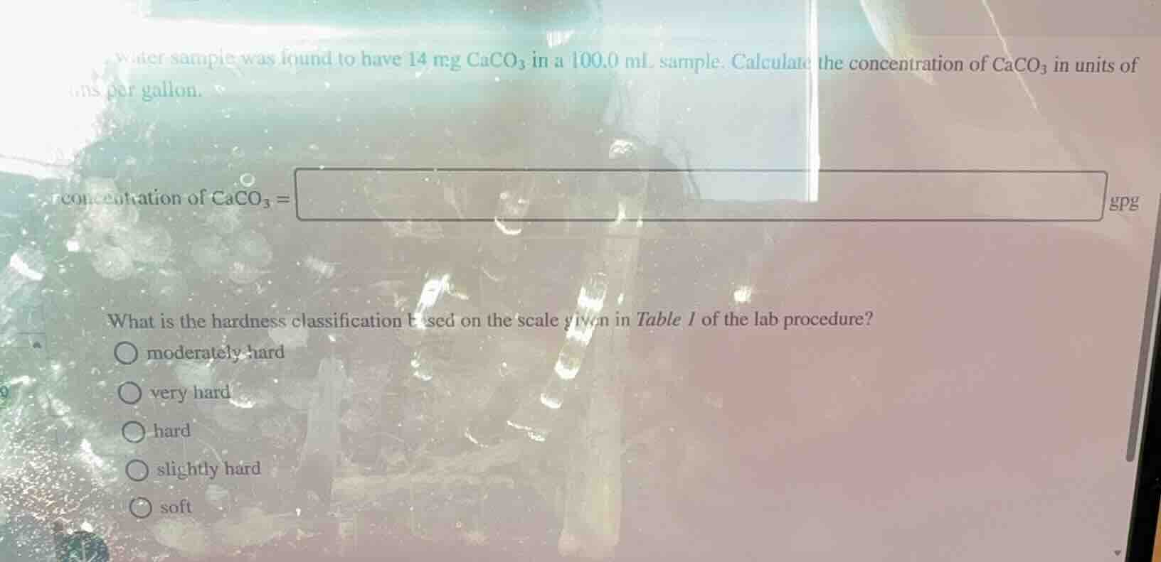 water sample was found to have 14 mg caco₃ in a 100.0 ml sample. calcul…