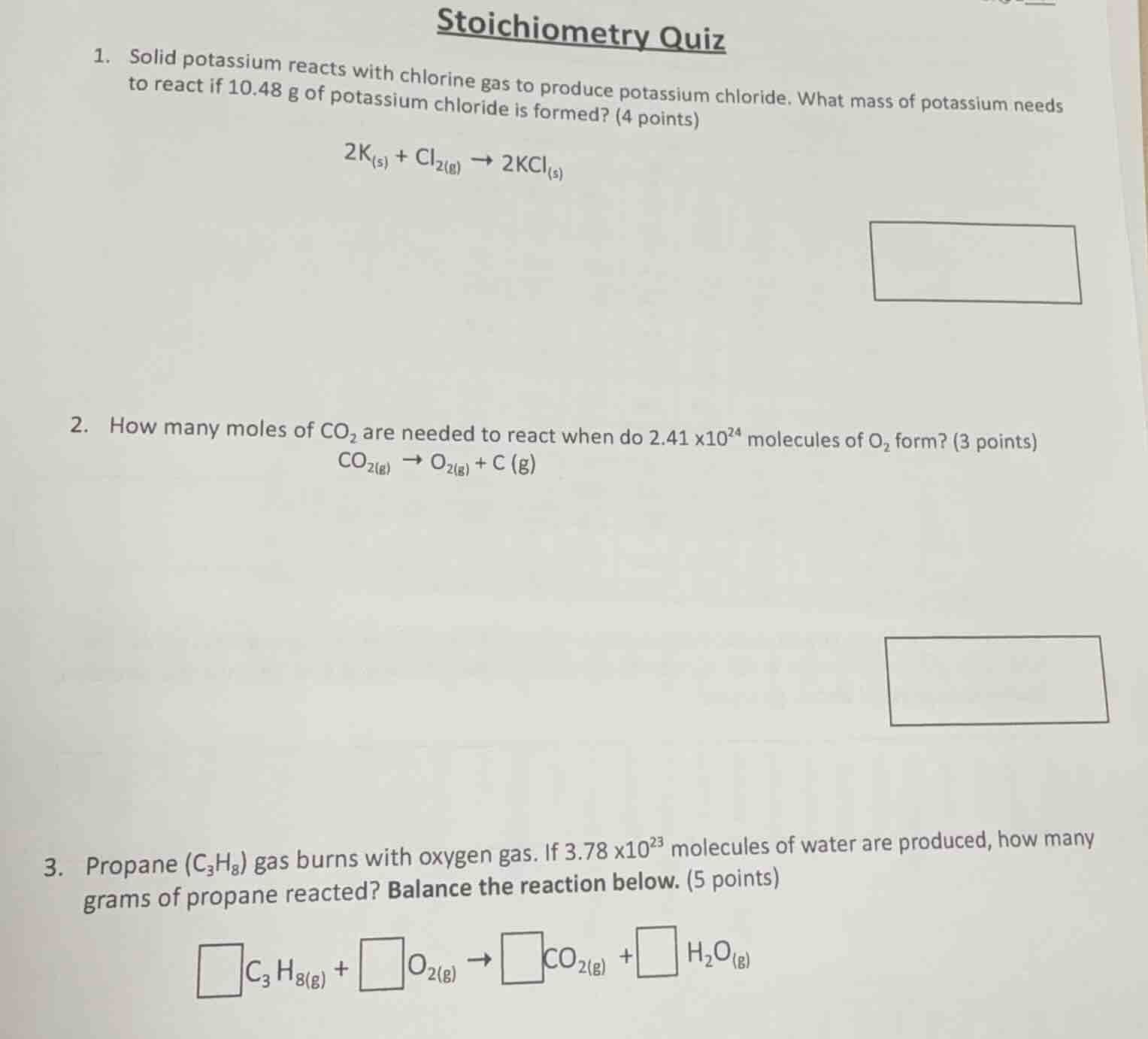 stoichiometry quiz 1. solid potassium reacts with chlorine gas to produ…