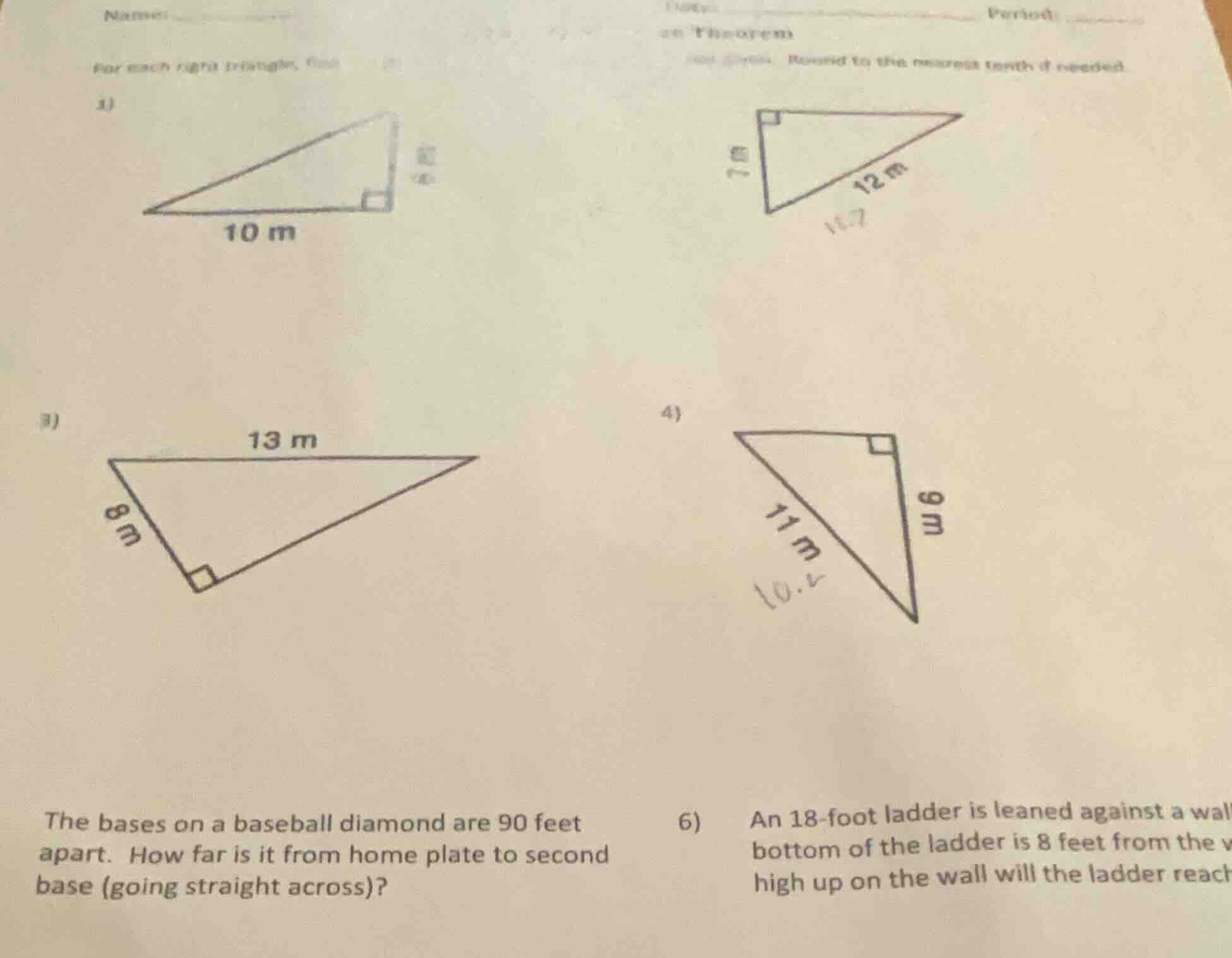 name for each right triangle, find 1) 3) the bases on a baseball diamon…