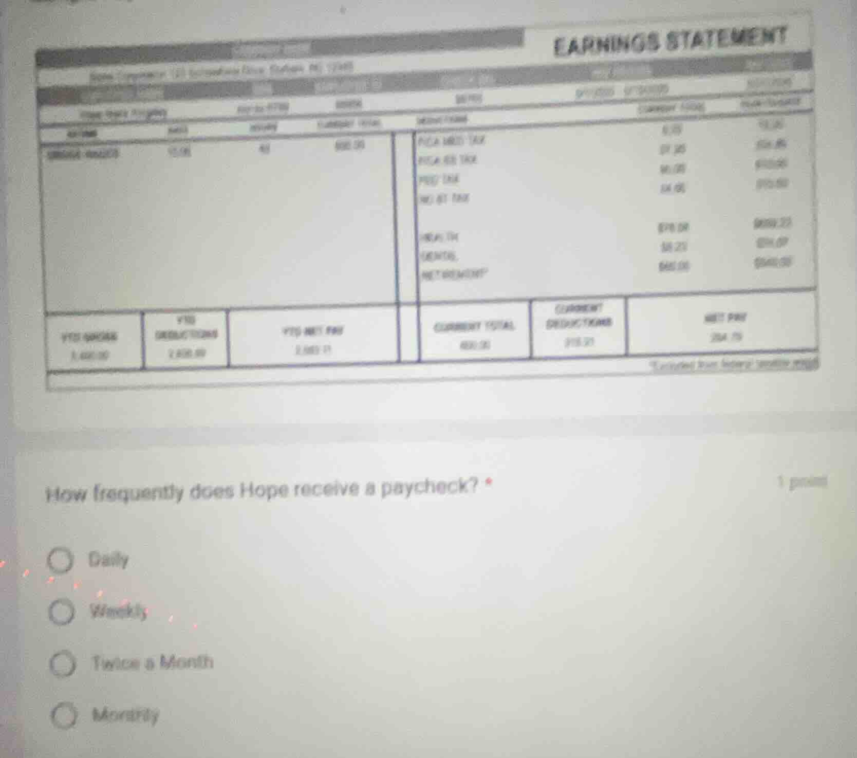earnings statement how frequently does hope receive a paycheck? * 1 poi…