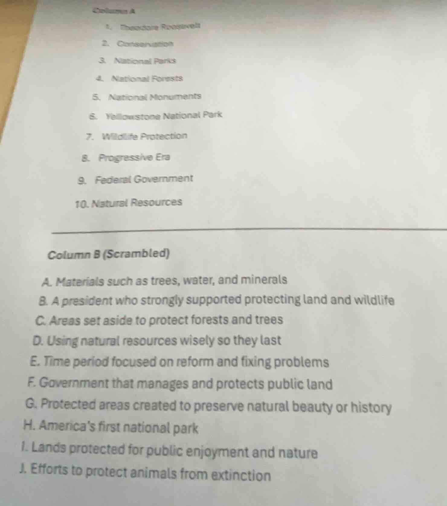 column a 1. theodore roosevelt 2. conservation 3. national parks 4. nat…