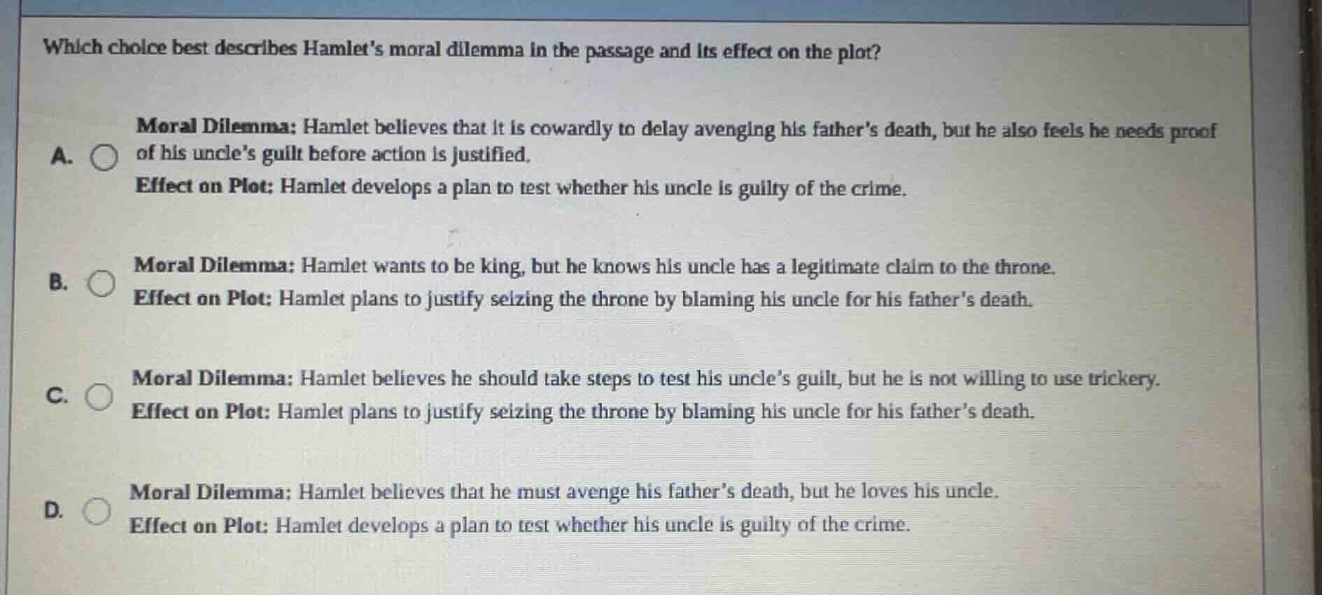 which choice best describes hamlets moral dilemma in the passage and it…