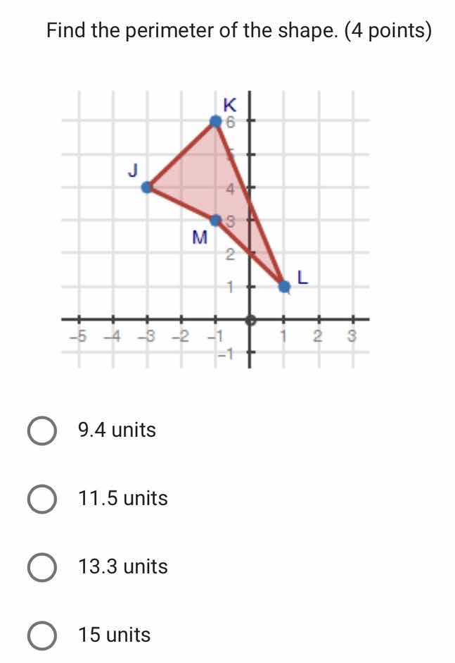 find the perimeter of the shape. (4 points) options: 9.4 units 11.5 uni…