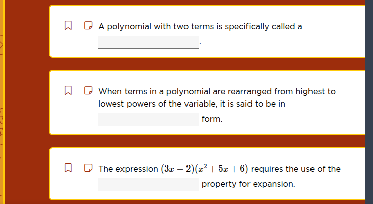 a polynomial with two terms is specifically called a ______. when terms…