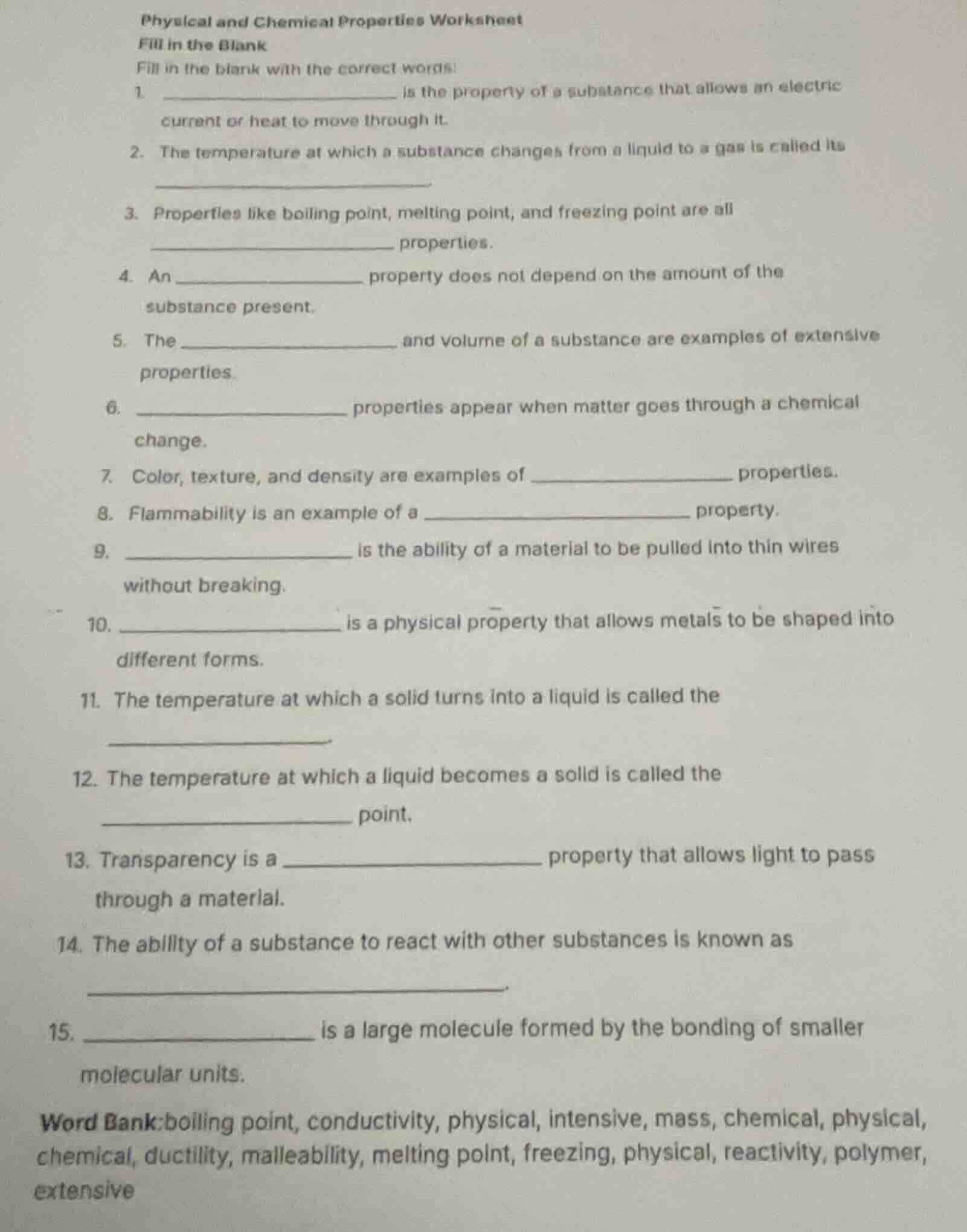 physical and chemical properties worksheet fill in the blank fill in th…