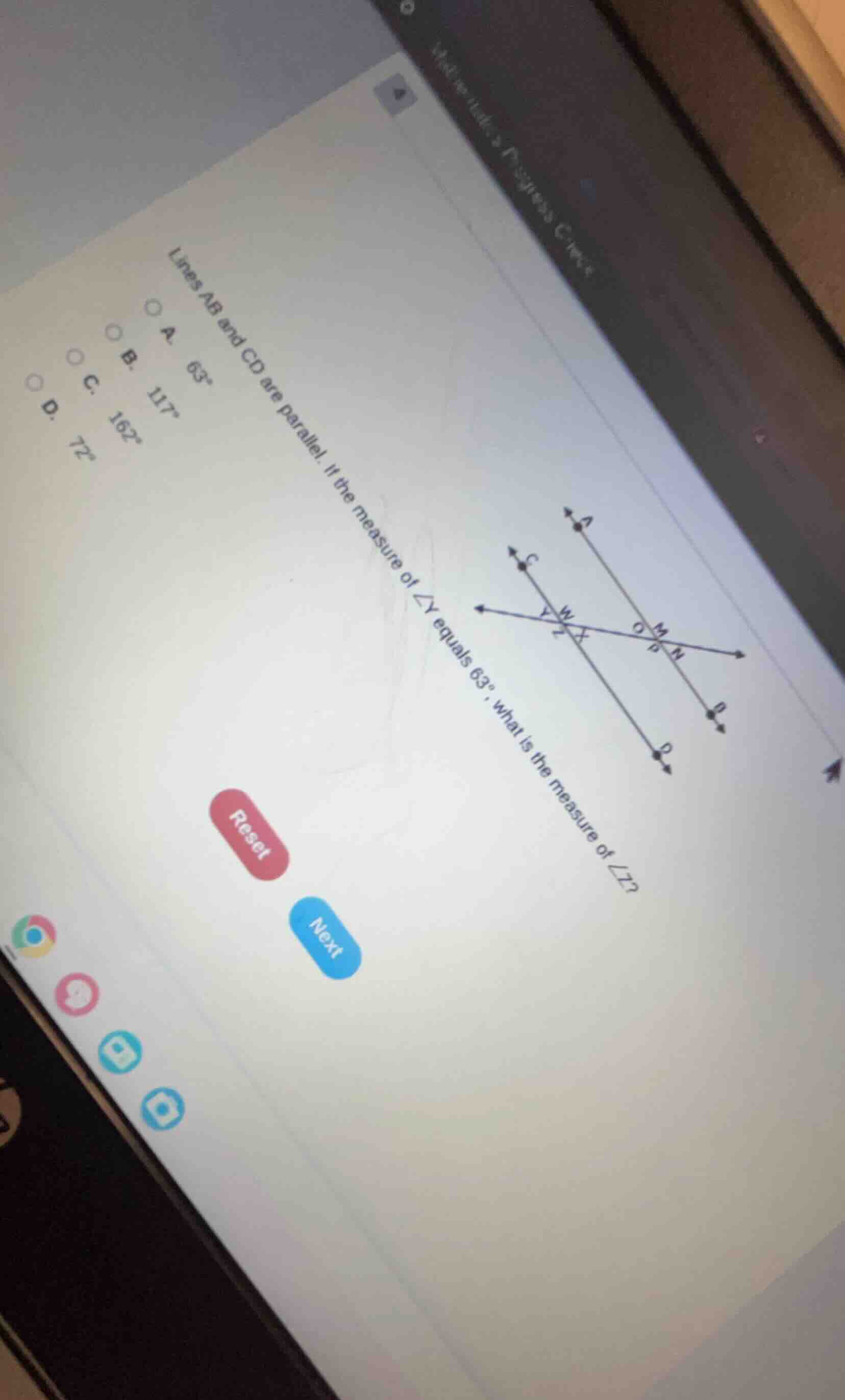 lines ab and cd are parallel. if the measure of ∠y equals 63°, what is …
