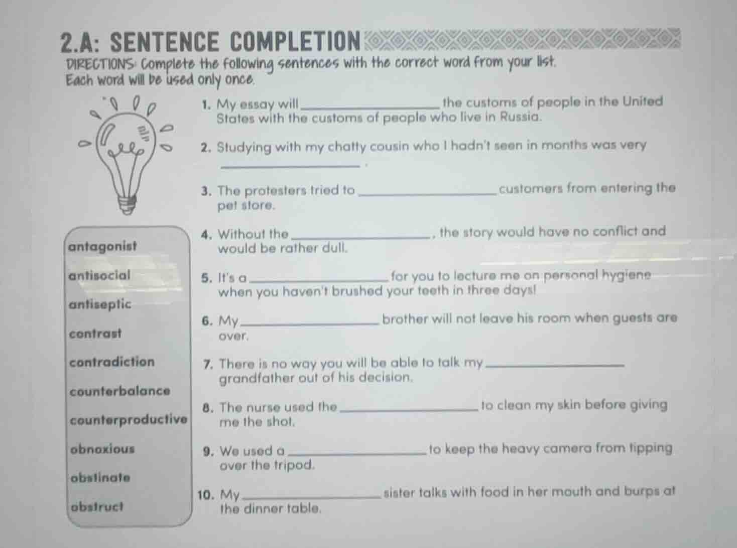 2.a: sentence completion directions: complete the following sentences w…