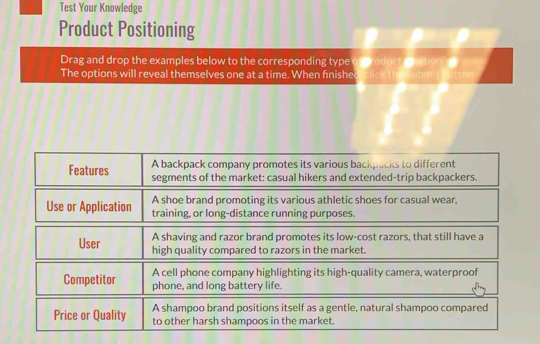 test your knowledge product positioning drag and drop the examples belo…