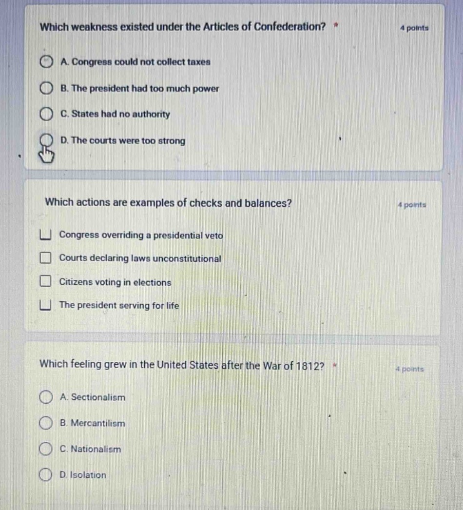 which weakness existed under the articles of confederation? * a. congre…