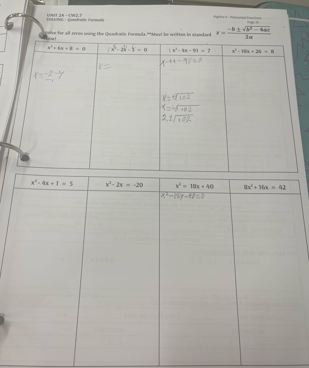 unit 2a - cw2.7 solving - quadratic formula algebra ii - polynomial fun…