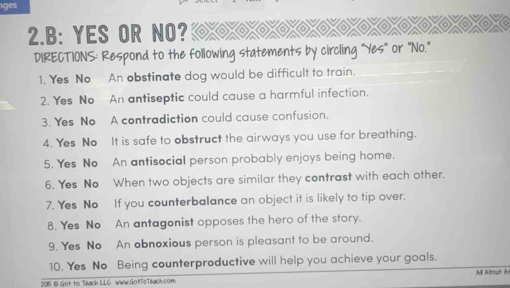 2.b: yes or no? directions: respond to the following statements by circ…