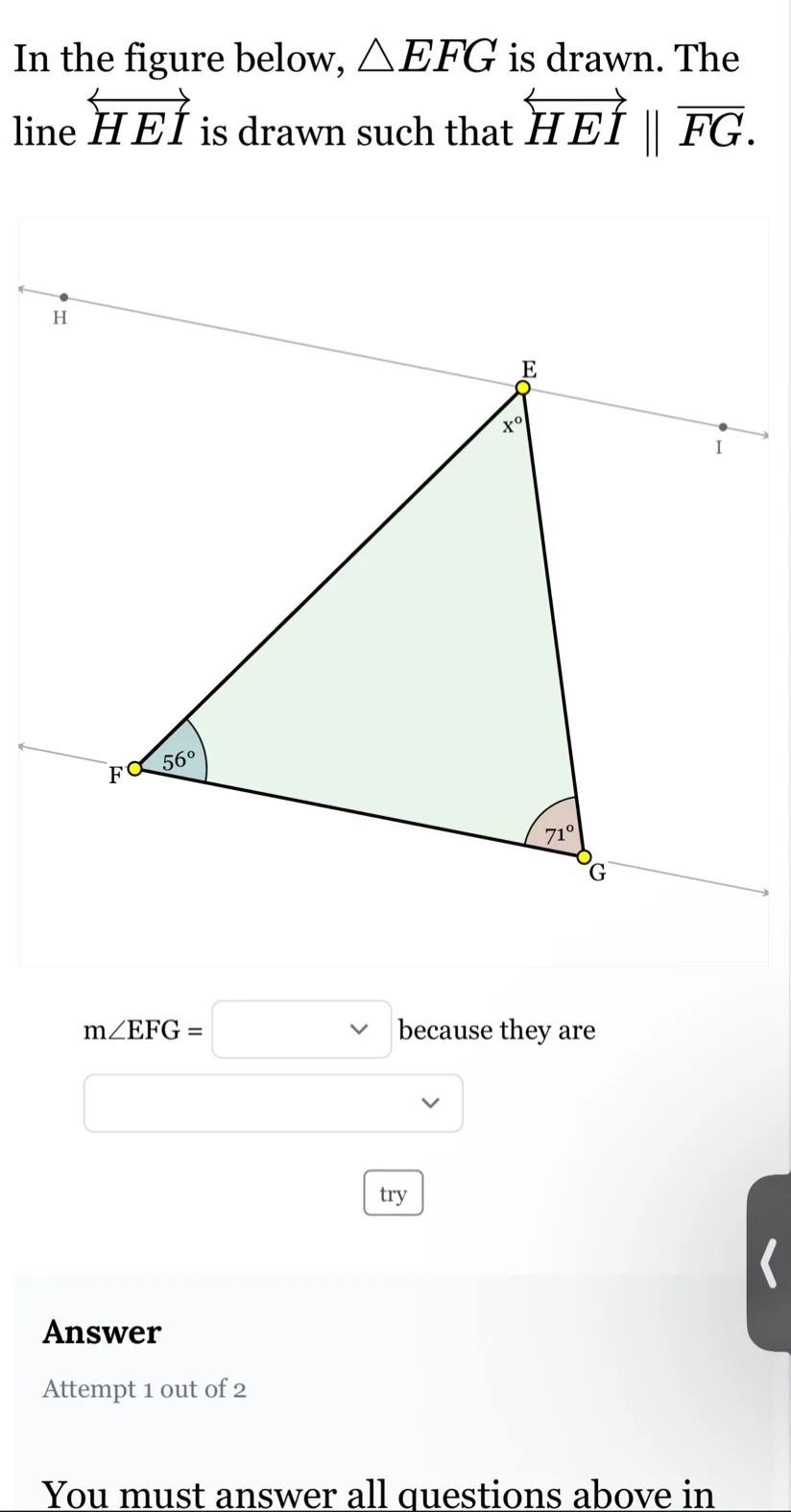 in the figure below, $\\triangle efg$ is drawn. the line $\\overleftrig…