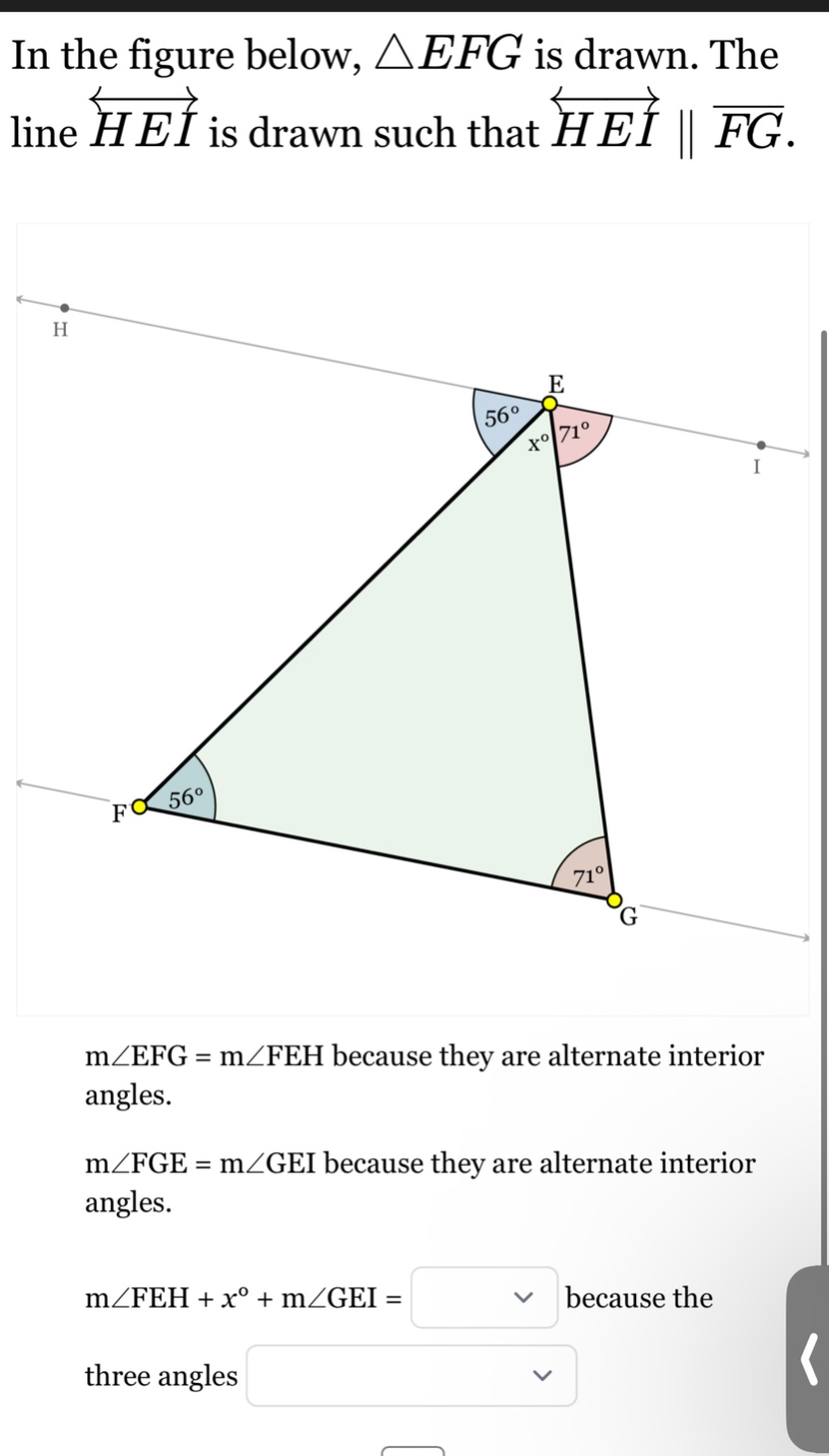 in the figure below, $\\triangle efg$ is drawn. the line $\\overleftrig…