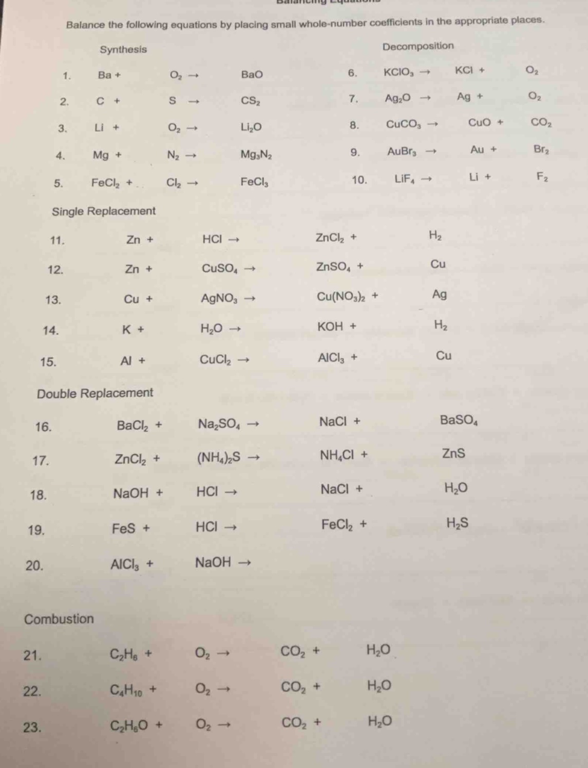 balance the following equations by placing small whole - number coeffic…