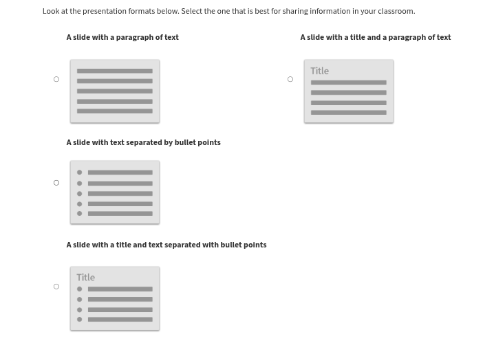 look at the presentation formats below. select the one that is best for…