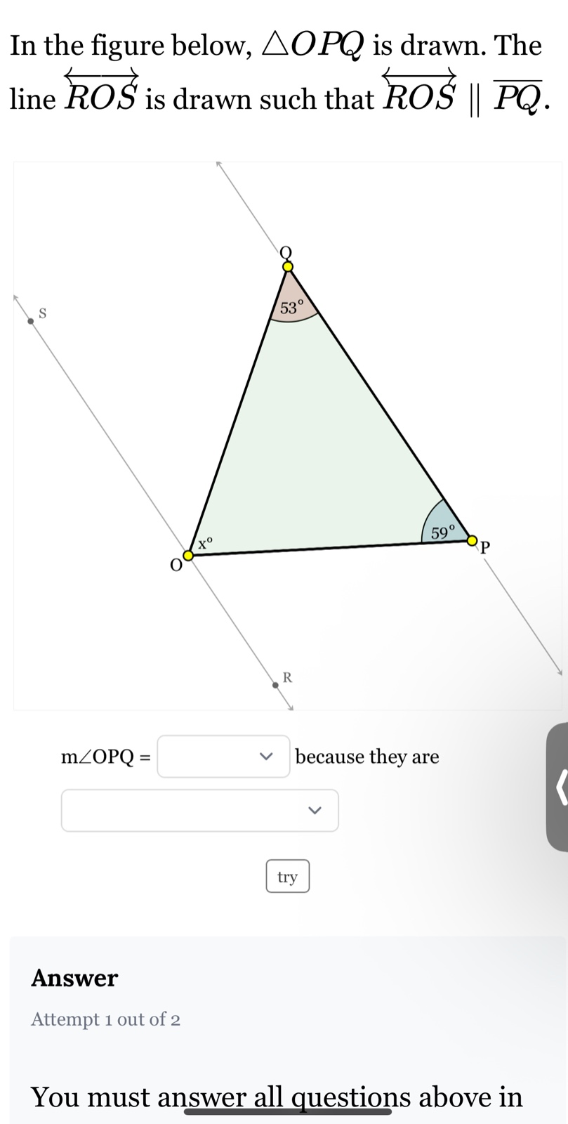 in the figure below, $\\triangle opq$ is drawn. the line $\\overleftrig…