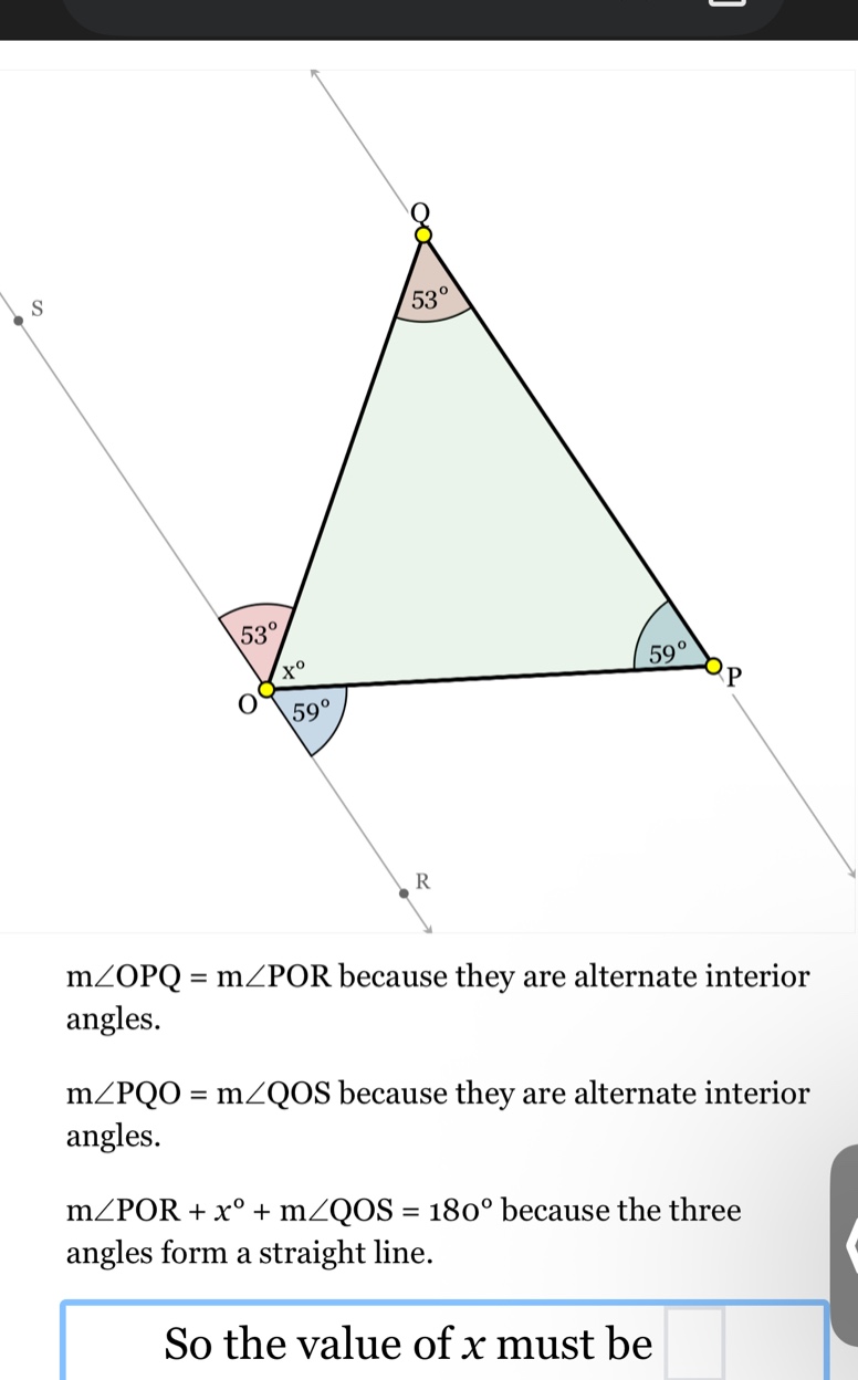 m∠opq = m∠por because they are alternate interior angles. m∠pqo = m∠qos…