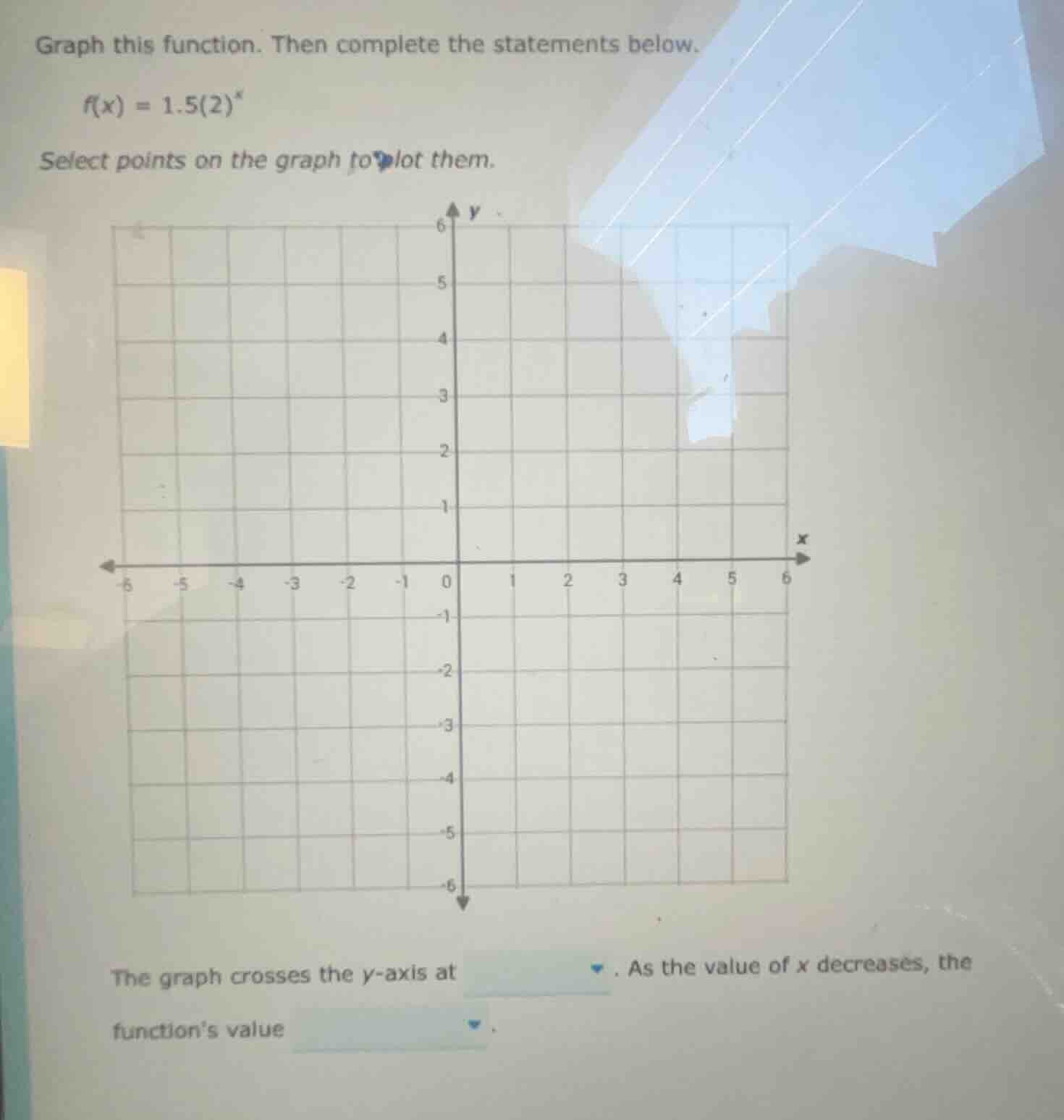 graph this function. then complete the statements below. $f(x) = 1.5(2)…