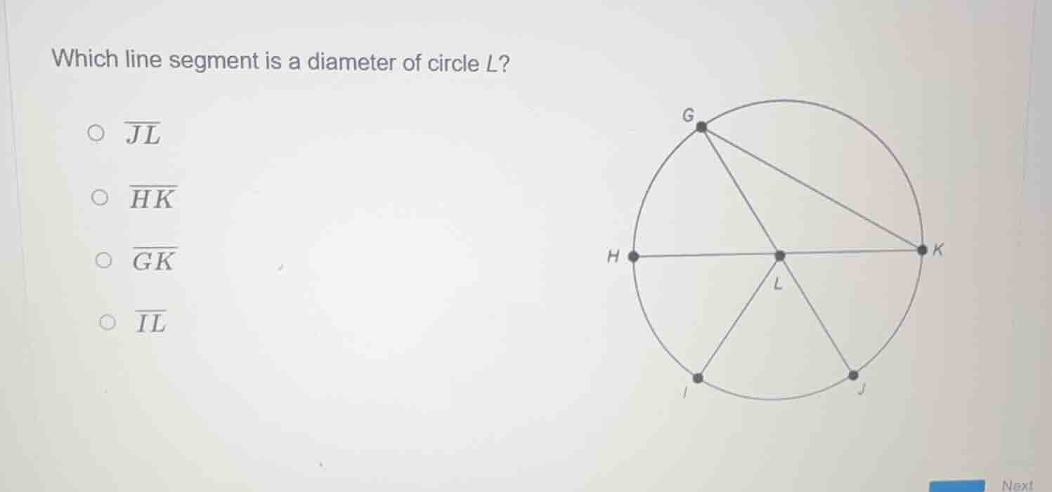 which line segment is a diameter of circle l? - $overline{jl}$ - $overl…