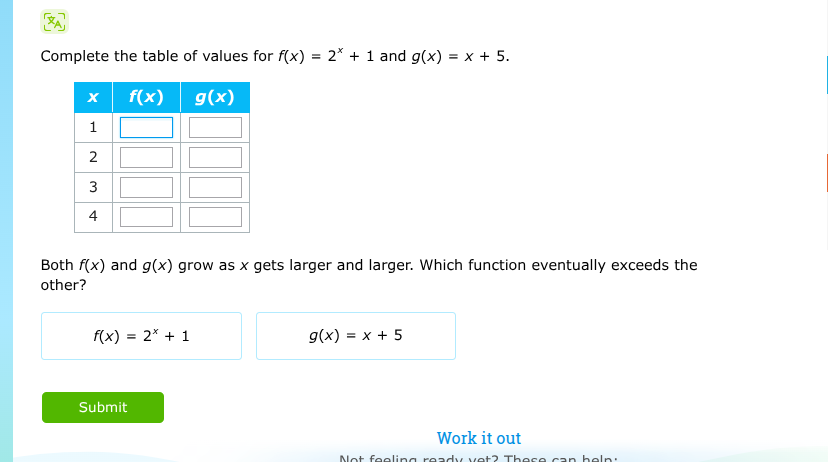 complete the table of values for $f(x) = 2^x + 1$ and $g(x) = x + 5$. |…