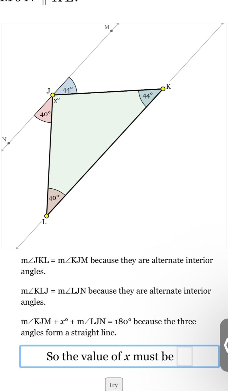 m∠jkl = m∠kjm because they are alternate interior angles. m∠klj = m∠ljn…