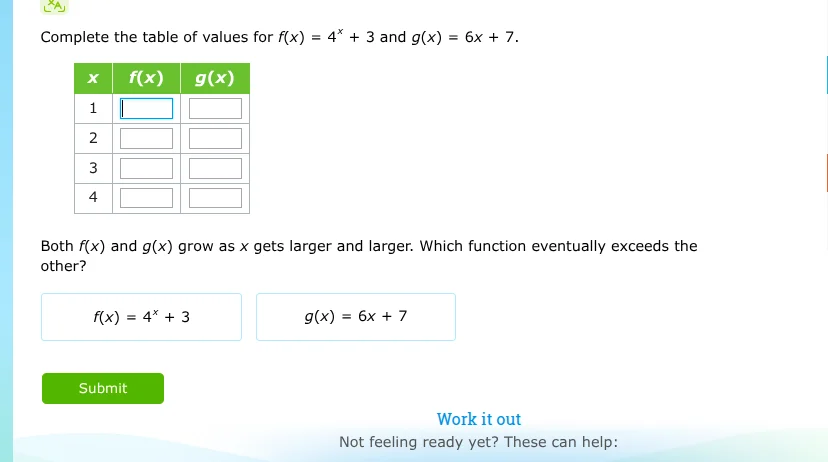 complete the table of values for $f(x) = 4^x + 3$ and $g(x) = 6x + 7$. …