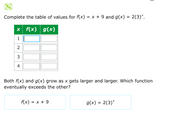 complete the table of values for $f(x) = x + 9$ and $g(x) = 2(3)^x$. | …